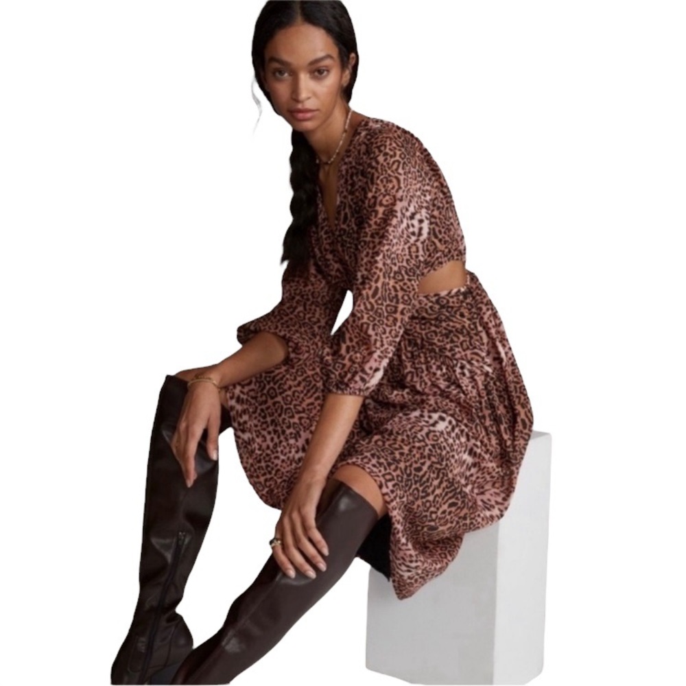 Anthro Ranna Gill NWT Animal Cheetah Leopard Cut-Out Midi Dress Long Sleeve